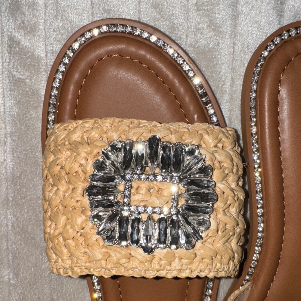 INC International Concepts Tan Woven Slide Sandals with Rhinestones - Picture 9 of 16